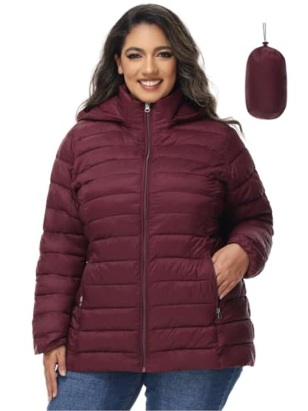 Plus Size Puffer Jacket Detachable Hood Packable Lightweight Quilted Coat